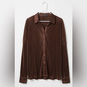 Effortless Chic Plissé Pleated Nasty Gal Chocolate Brown Shirt Size 8 Oversized